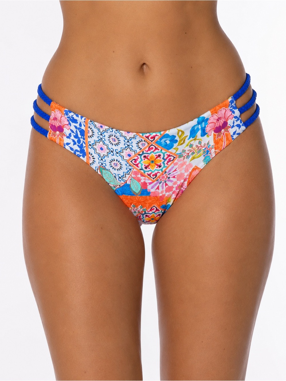 PHAX Swim Patchwork Floral Bikini Bottoms Braided Sides NWT Size M Boho